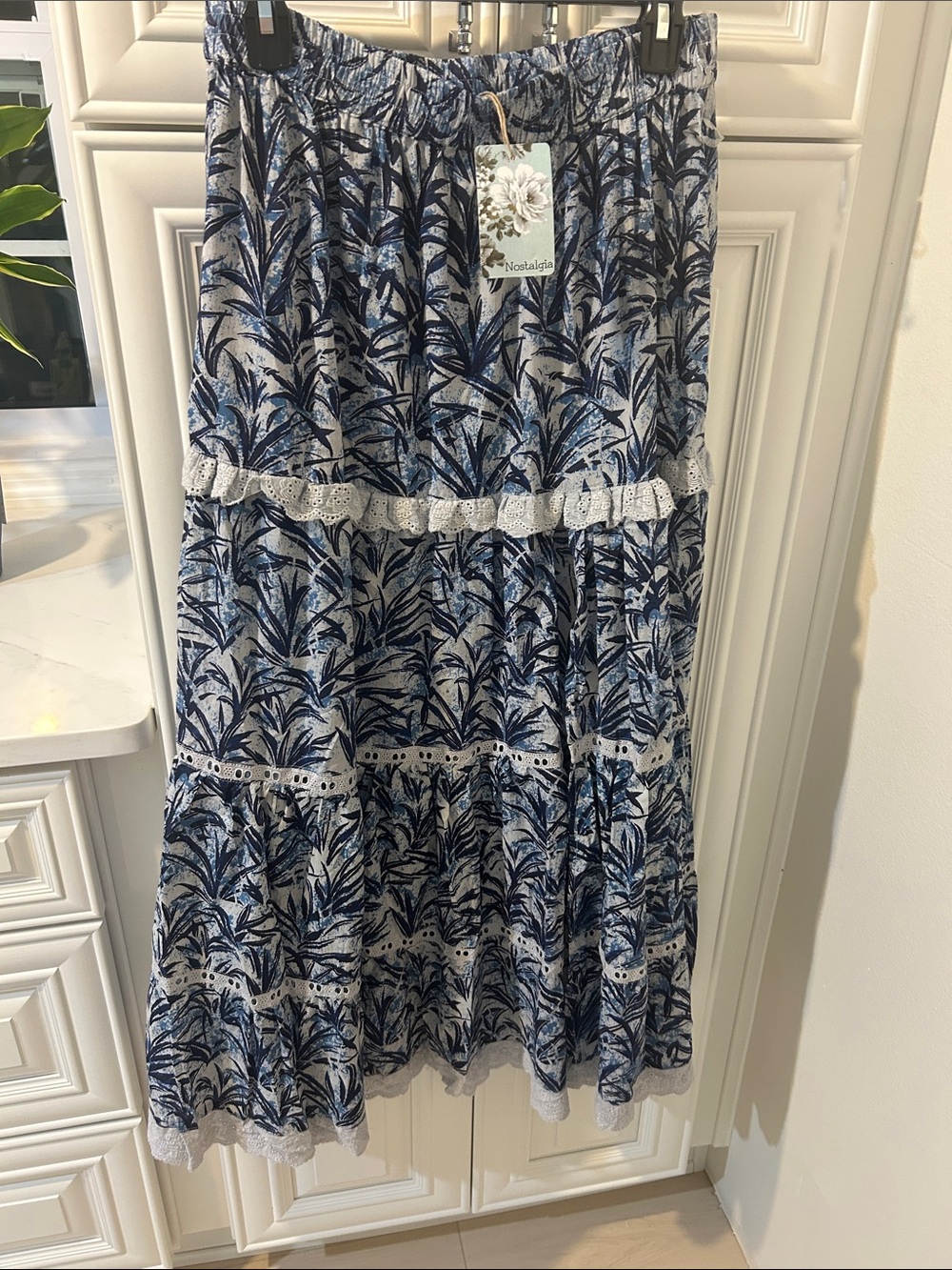 Nostalgia Navy and White Floral Tiered Maxi Skirt
